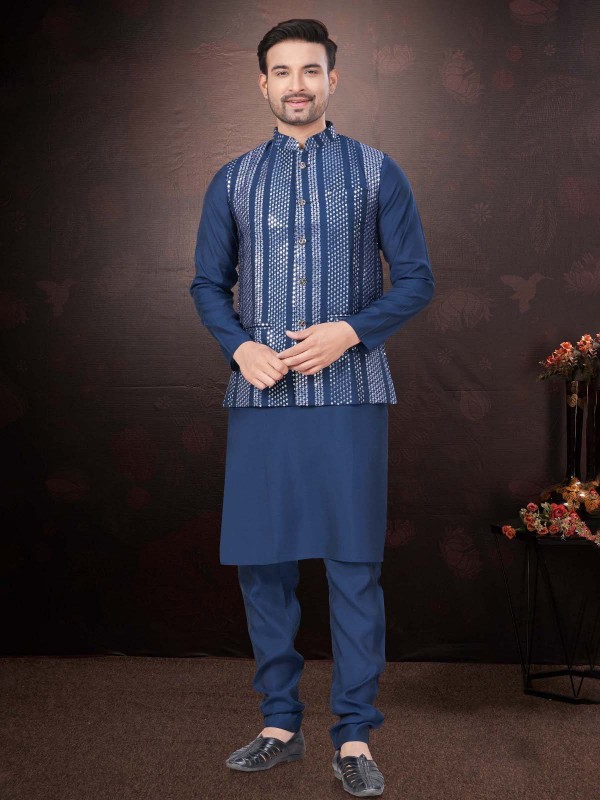 Blue Pure SIlk Readymade Kurta Pajama With Jacket